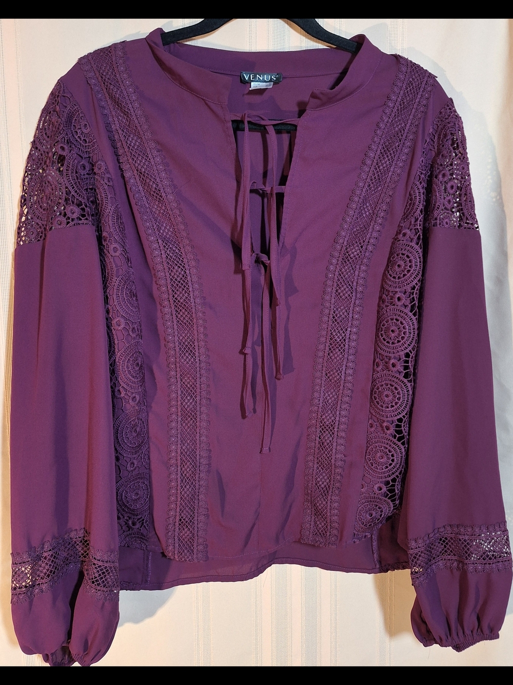 VENUS Plum Lace-Inset Tie-Neck Blouse
